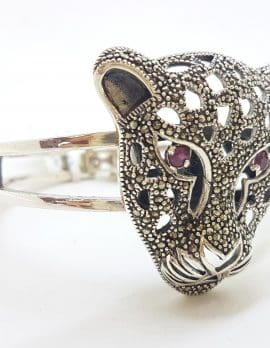 Sterling Silver Very Large Natural Ruby with Marcasite Panther / Cat / Puma Head Hinged Bangle
