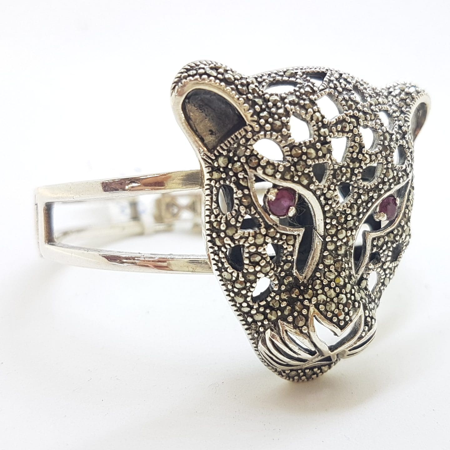 20210111_204329 Sterling Silver Very Large Natural Ruby with Marcasite Panther / Cat / Puma Head Hinged Bangle
