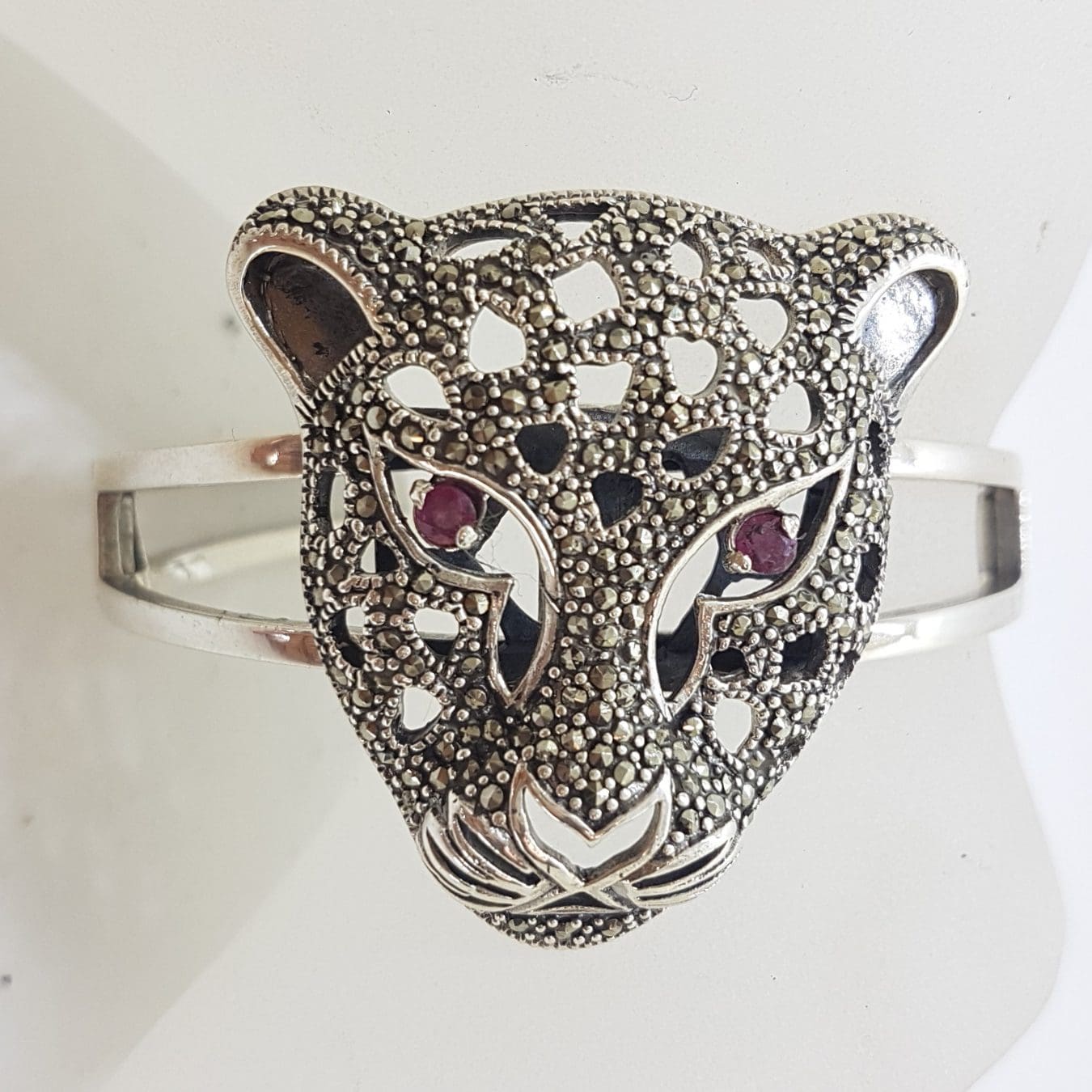 20210111_204413 Sterling Silver Very Large Natural Ruby with Marcasite Panther / Cat / Puma Head Hinged Bangle
