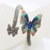 Sterling Silver Marcasite, Cubic Zirconia and Blue with Pink Enamel Butterfly Hinged Bangle