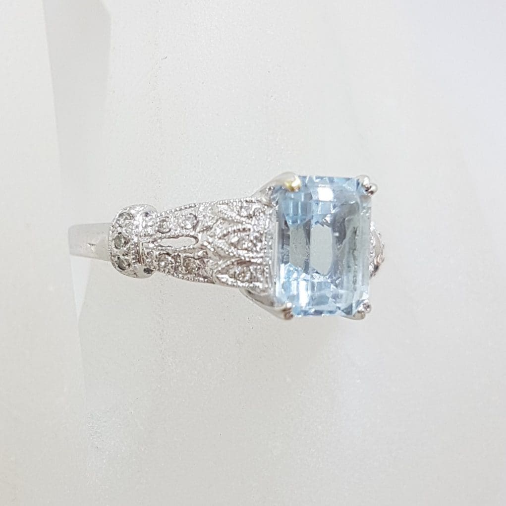 14ct White Gold Rectangular Topaz with Ornate Set Diamond Ring