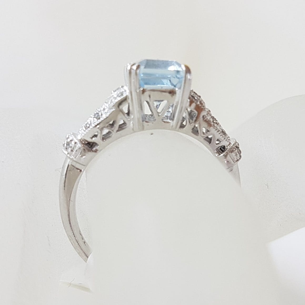 14ct White Gold Rectangular Topaz with Ornate Set Diamond Ring