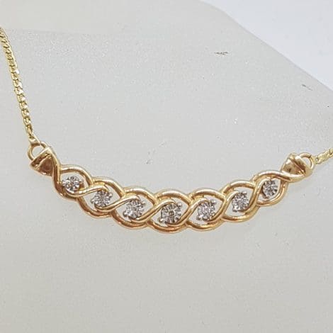 9ct Yellow Gold 7 Diamond Ornate Twist Collier Necklace / Chain