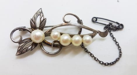 Sterling Silver Ornate Pearl Floral Brooch - Vintage