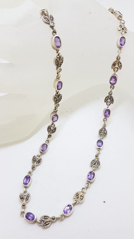 Sterling Silver Marcasite and Amethyst Ornate Leaf Design Collier Necklace / Chain - Vintage