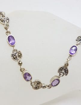 Sterling Silver Marcasite and Amethyst Ornate Leaf Design Collier Necklace / Chain - Vintage