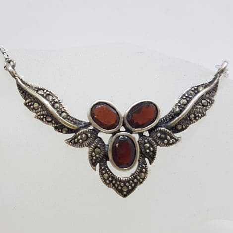 Sterling Silver Marcasite and Garnet Ornate Vintage Necklace