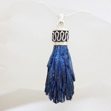 Sterling Silver Black Titanium Kyanite Pendant on Silver Chain – Vibrant Blue with Ornate Top