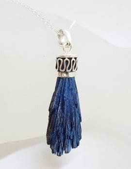 Sterling Silver Black Titanium Kyanite Pendant on Silver Chain – Vibrant Blue with Ornate Top