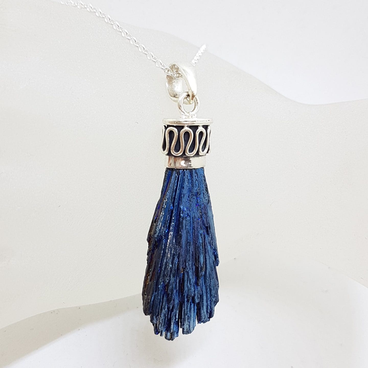 Sterling Silver Black Titanium Kyanite Pendant on Silver Chain – Vibrant Blue with Ornate Top