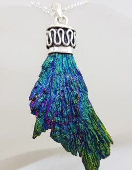 Sterling Silver Black Titanium Kyanite Pendant on Silver Chain – Peacock / Rainbow Colours