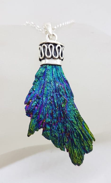 Sterling Silver Black Titanium Kyanite Pendant on Silver Chain – Peacock / Rainbow Colours
