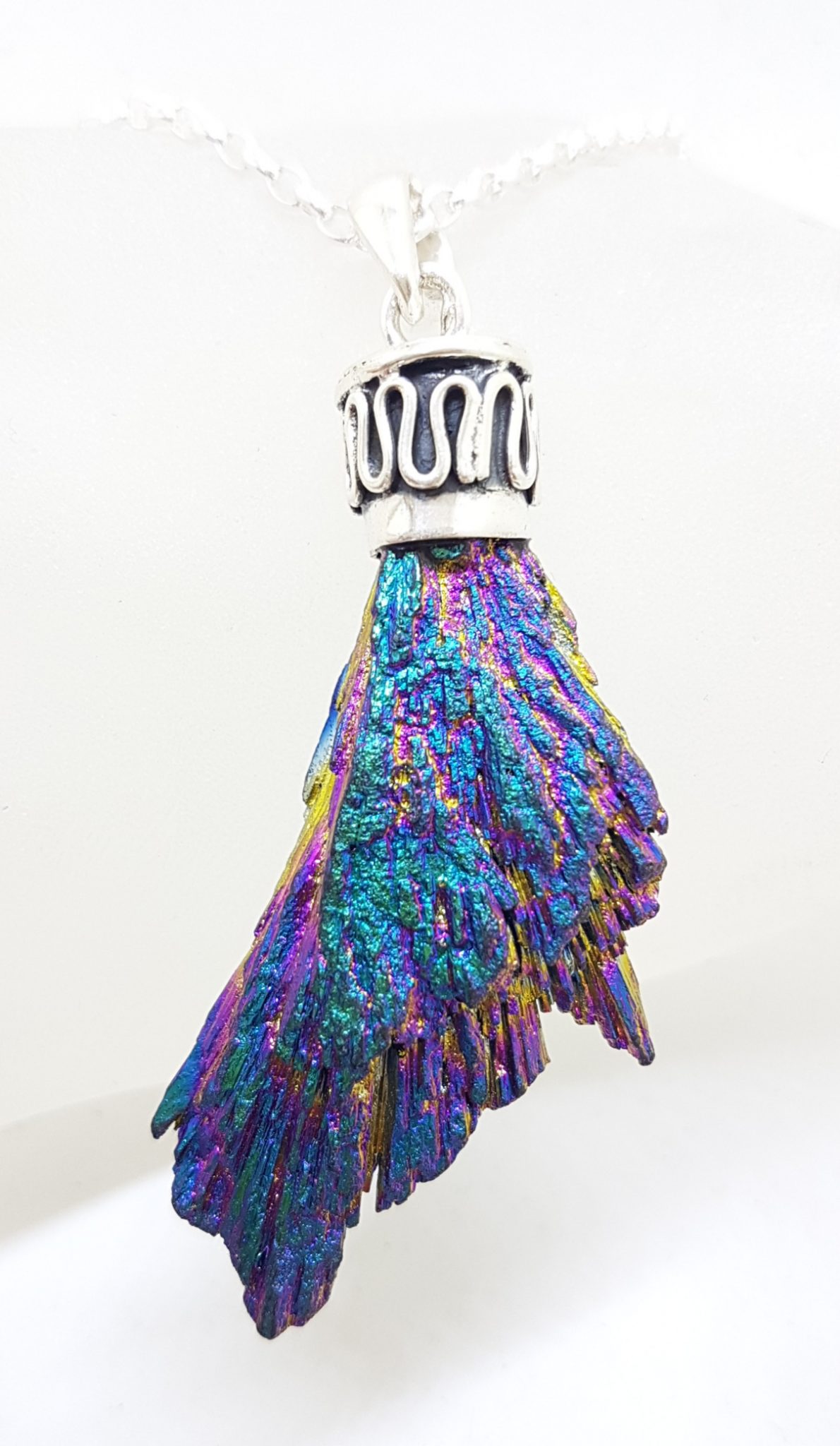 20210111_210640 Sterling Silver Black Titanium Kyanite Pendant on Silver Chain – Peacock / Rainbow Colours