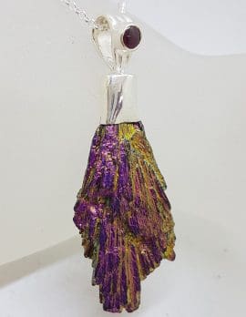 Sterling Silver Black Titanium Kyanite Pendant on Silver Chain – Purple & Yellow with Garnet