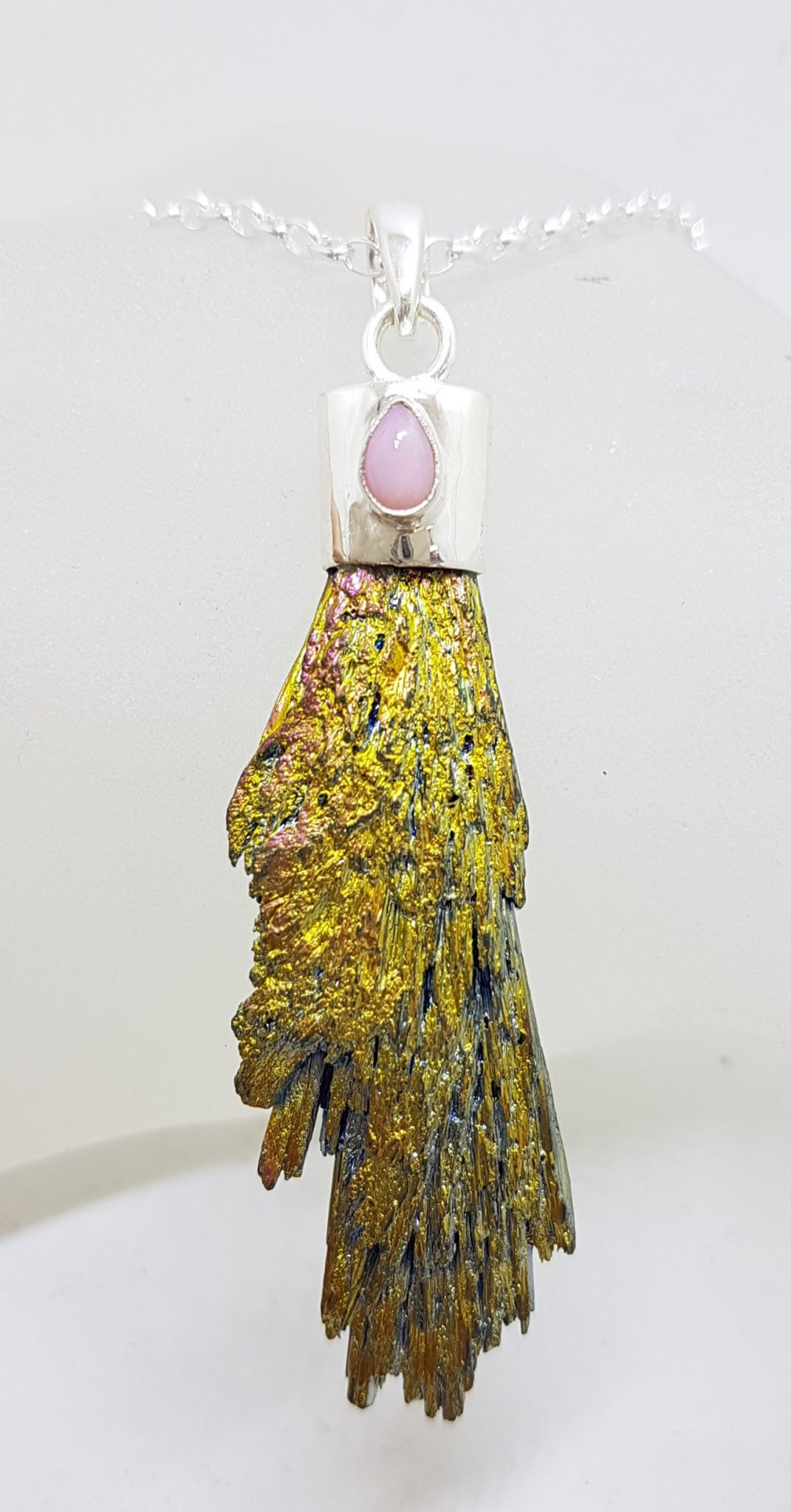 Sterling Silver Black Titanium Kyanite Pendant on Silver Chain – Vibrant Golden Yellow with Pink Opal