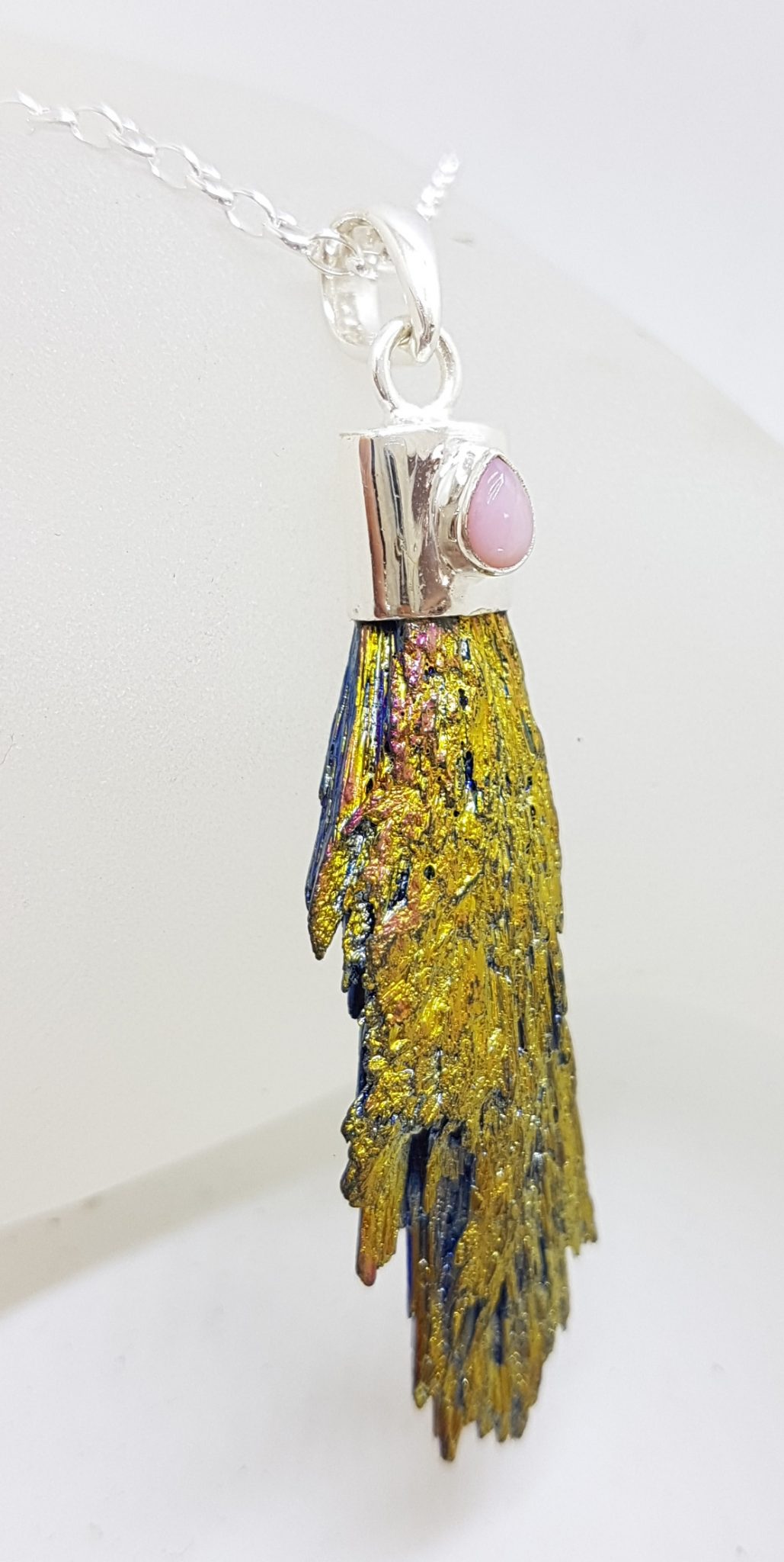 Sterling Silver Black Titanium Kyanite Pendant on Silver Chain – Vibrant Golden Yellow with Pink Opal