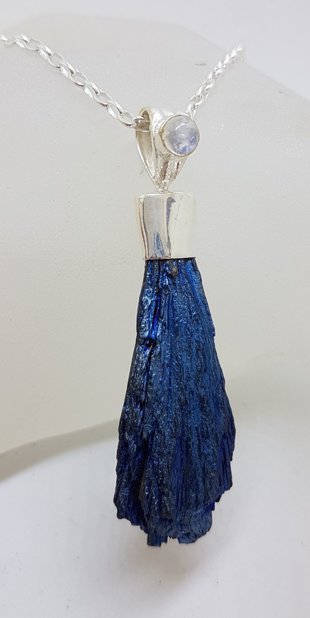 20210111_211134 Sterling Silver Black Titanium Kyanite Pendant on Silver Chain – Blue with Moonstone