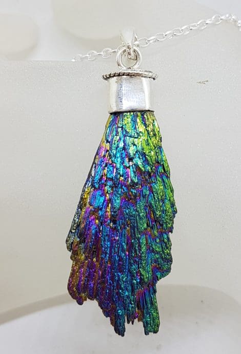 Sterling Silver Black Titanium Kyanite Pendant on Silver Chain – Rainbow / Peacock Colours