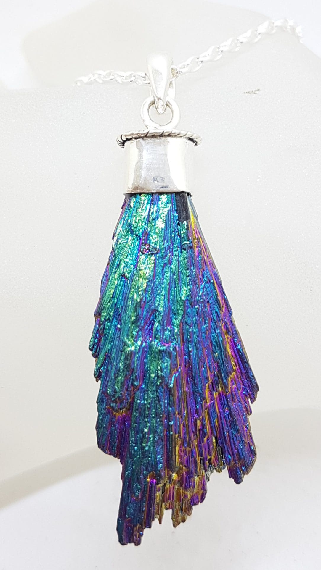 Sterling Silver Black Titanium Kyanite Pendant on Silver Chain – Rainbow / Peacock Colours