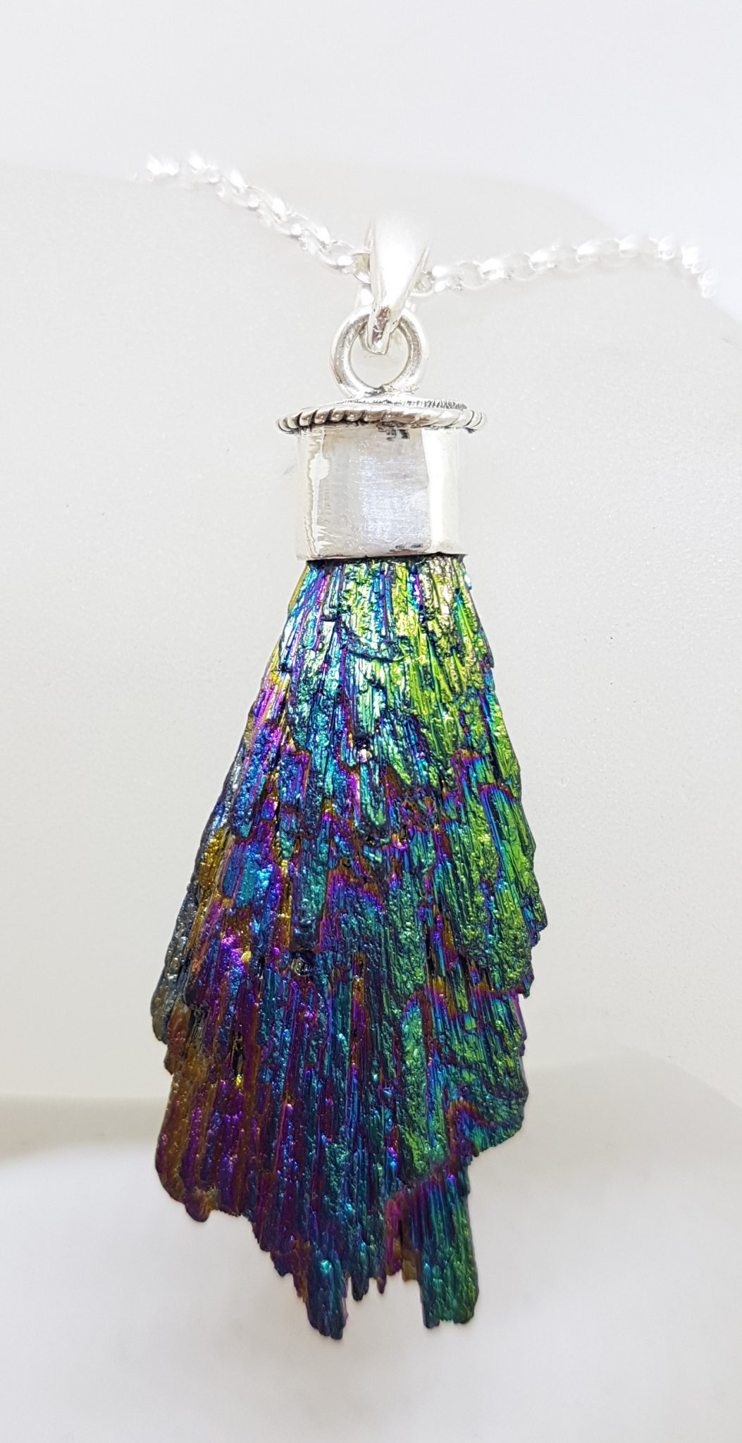 Sterling Silver Black Titanium Kyanite Pendant on Silver Chain – Rainbow / Peacock Colours