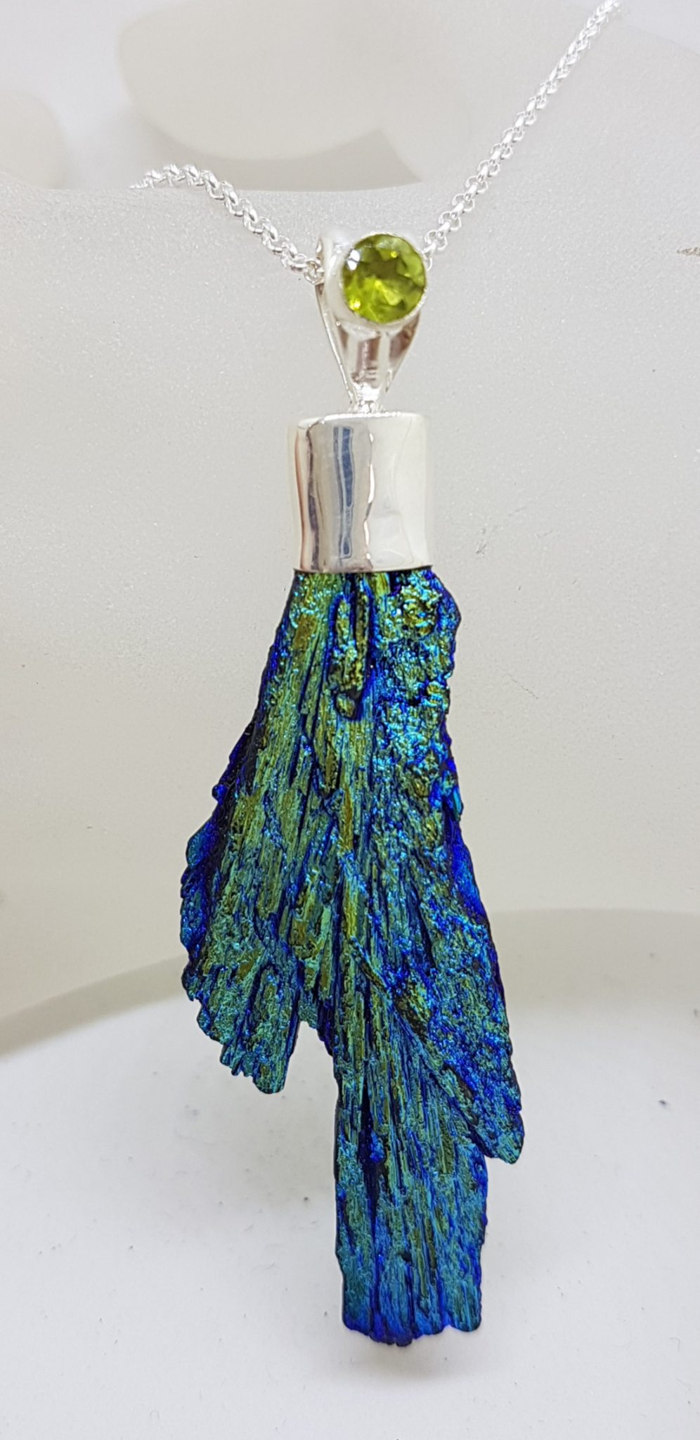Sterling Silver Black Titanium Kyanite Pendant on Silver Chain – Large Blue and Green with Peridot
