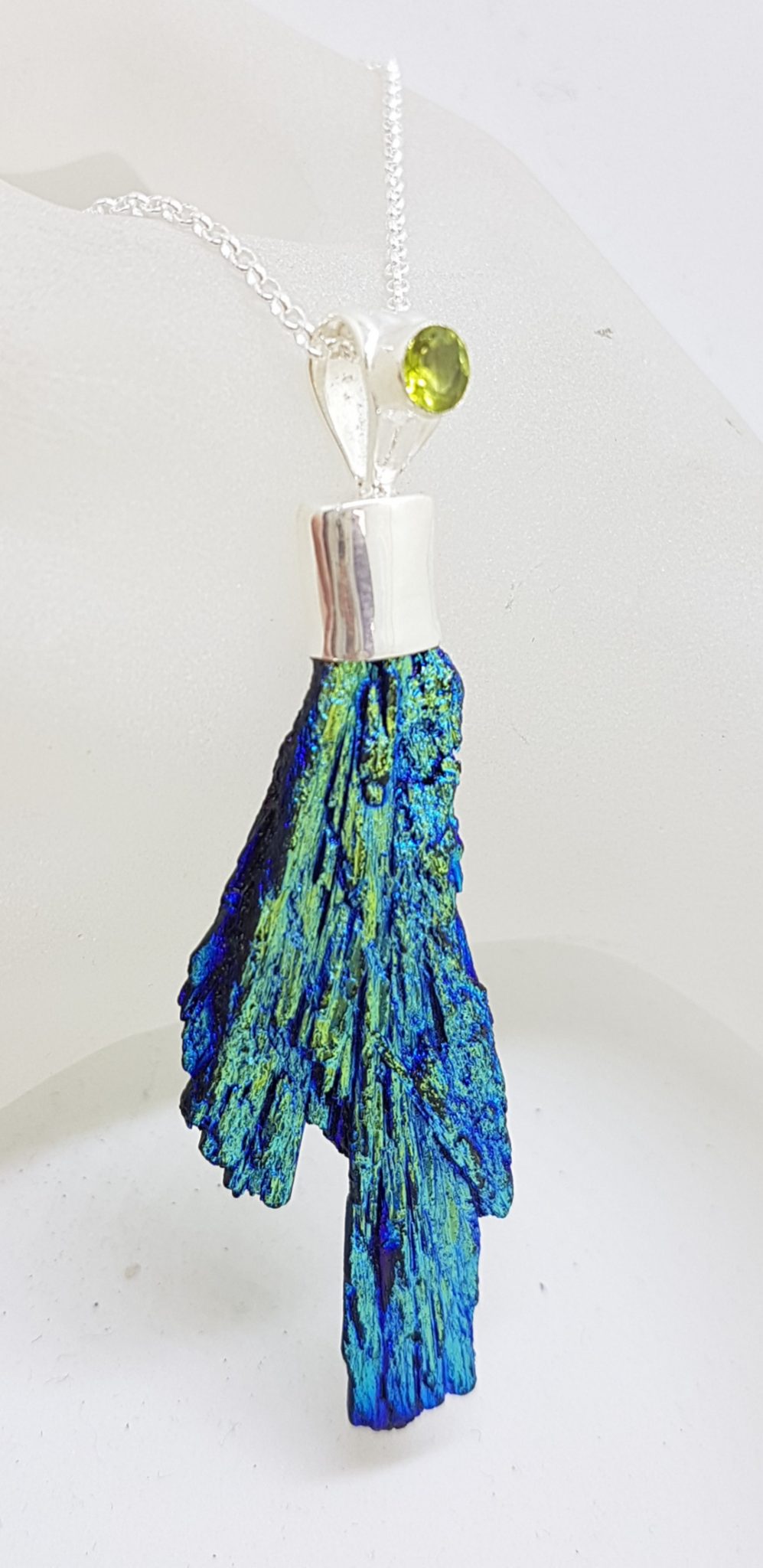 Sterling Silver Black Titanium Kyanite Pendant on Silver Chain – Large Blue and Green with Peridot