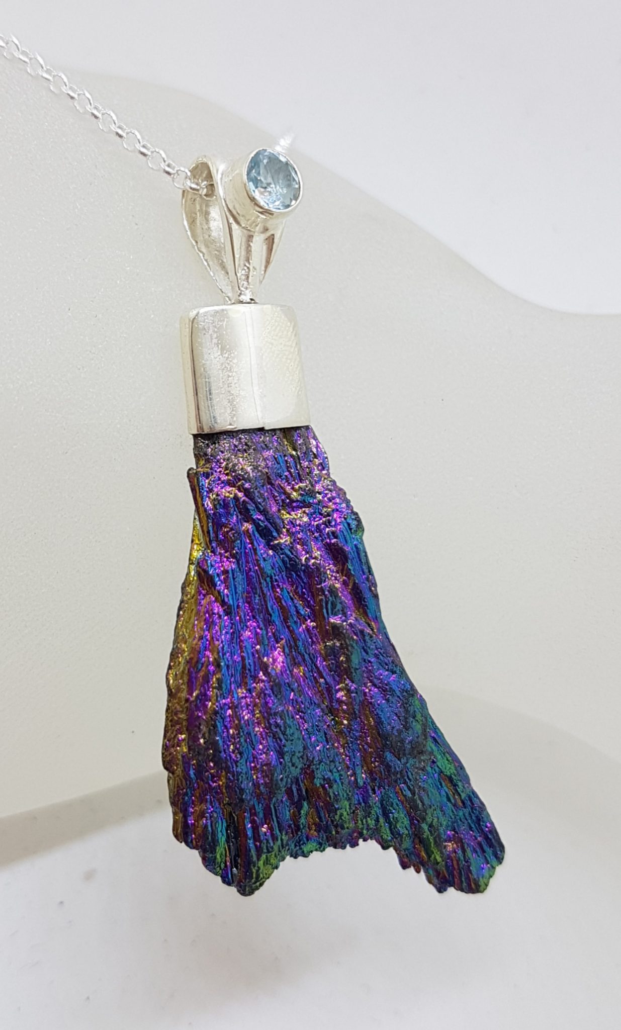 Sterling Silver Black Titanium Kyanite Pendant on Silver Chain – Purple with Topaz