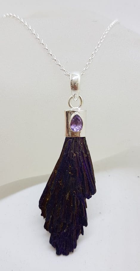 Sterling Silver Black Titanium Kyanite Pendant on Silver Chain – Purple with Amethyst