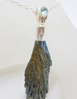 Sterling Silver Black Titanium Kyanite Pendant on Silver Chain – Yellow & Blue with Topaz