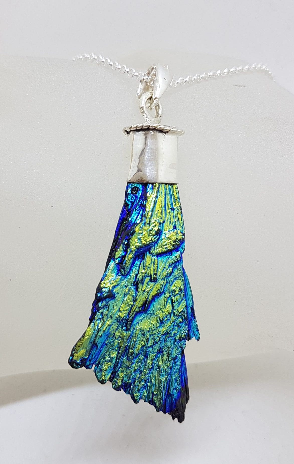 Sterling Silver Black Titanium Kyanite Pendant on Silver Chain – Blue & Green