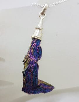 Sterling Silver Black Titanium Kyanite Pendant on Silver Chain – Purple and Blue L Shape