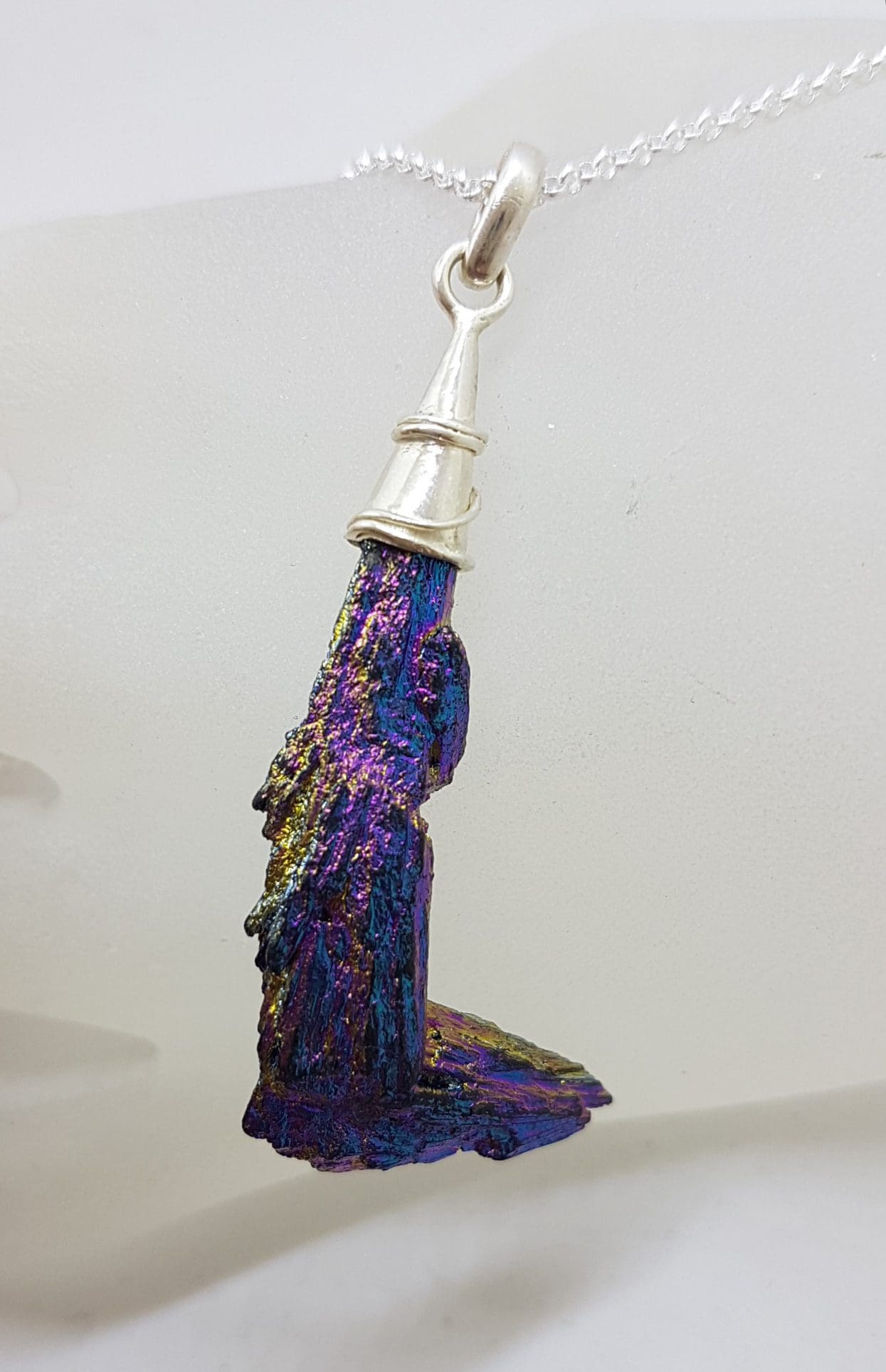 Sterling Silver Black Titanium Kyanite Pendant on Silver Chain – Purple and Blue L Shape