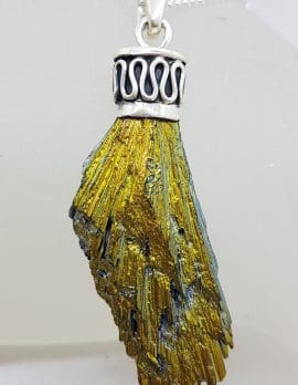 Sterling Silver Black Titanium Kyanite Pendant on Silver Chain – Vibrant Yellow