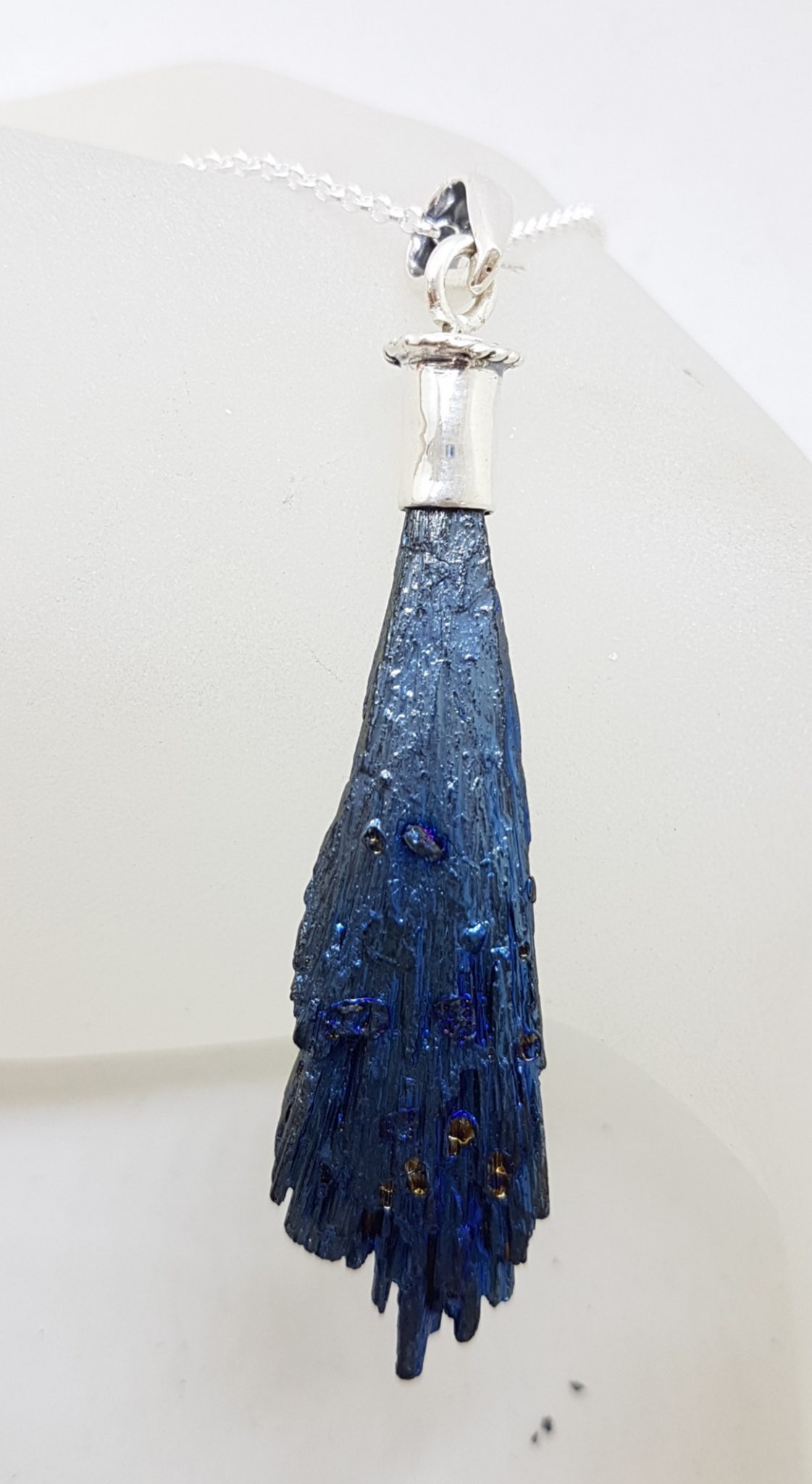 Sterling Silver Black Titanium Kyanite Pendant on Silver Chain – Long Blue