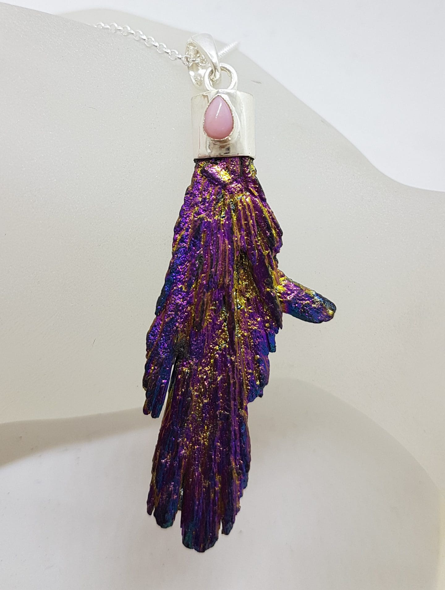 Sterling Silver Black Titanium Kyanite with Pink Opal Pendant on Silver Chain - Purple & Golden Yellow