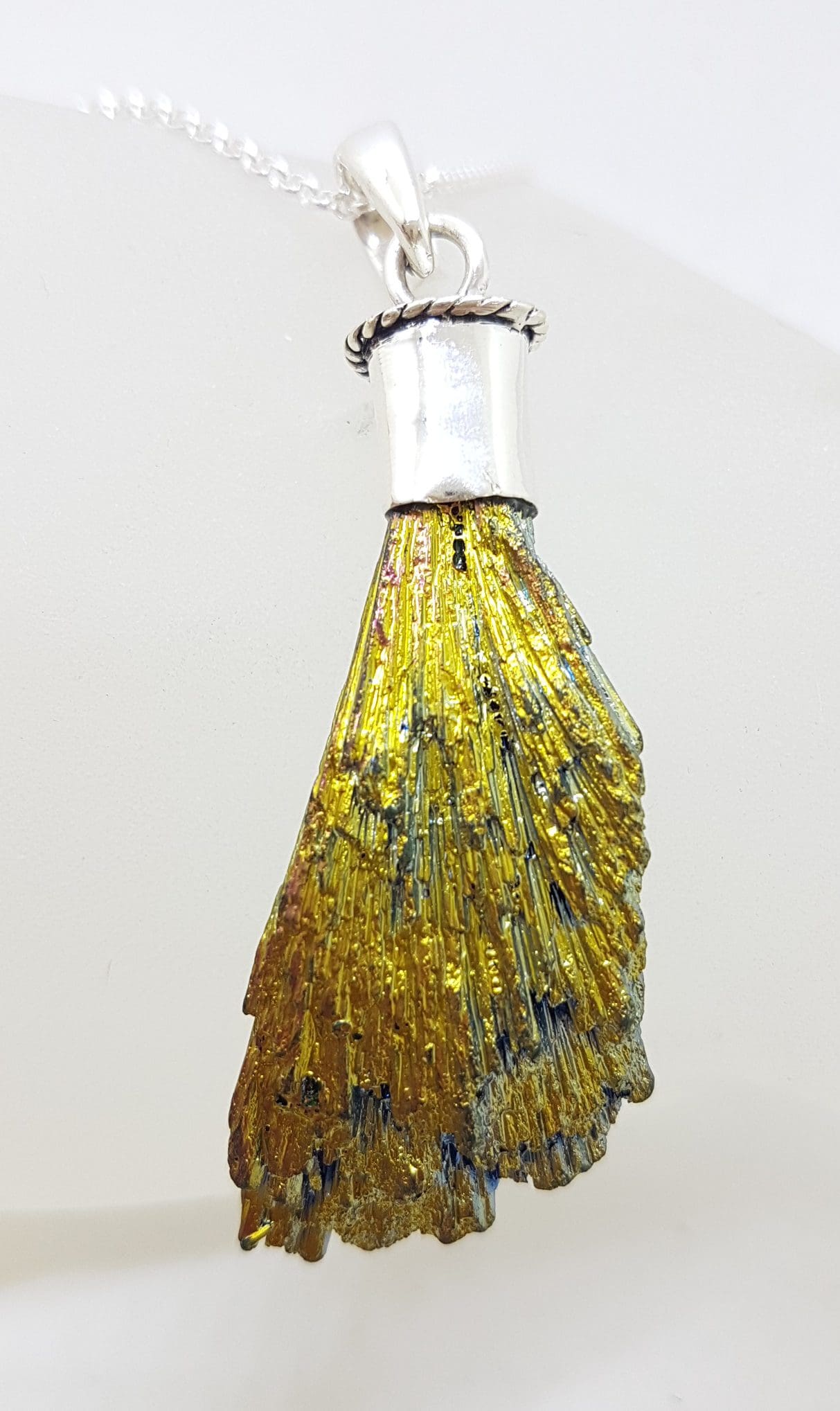 Sterling Silver Black Titanium Kyanite Pendant on Silver Chain - Blue, Green & Bright Yellow