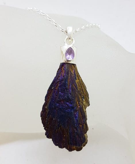 Sterling Silver Black Titanium Kyanite Pendant on Silver Chain - Purple with Amethyst