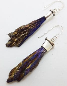 Sterling Silver Black Titanium Kyanite Long Drop Earrings - Purple