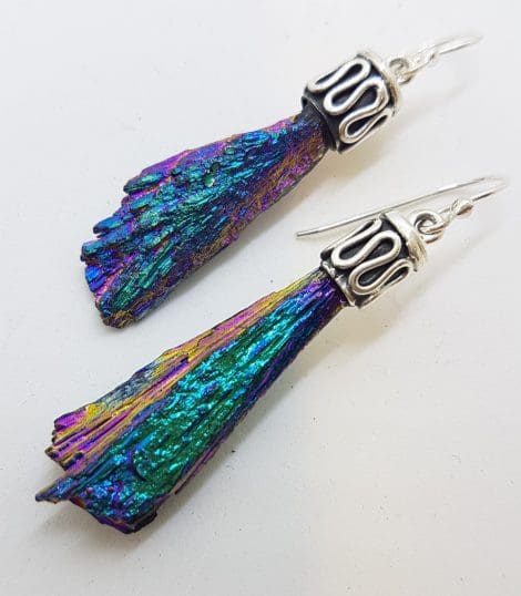 Sterling Silver Black Titanium Kyanite Long Drop Earrings - Multi-colour / Rainbow Colours