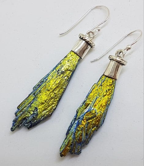 Sterling Silver Black Titanium Kyanite Long Drop Earrings – Yellow and Blue