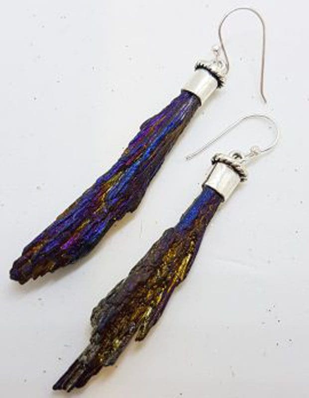 Sterling Silver Black Titanium Kyanite Long Drop Earrings - Purple with Amethyst