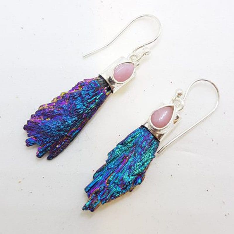 Sterling Silver Black Titanium Kyanite Long Drop Earrings with Pink Opal – Blue and Purple