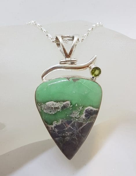 Sterling Silver Large Variscite with Peridot Pendant on Silver Chain