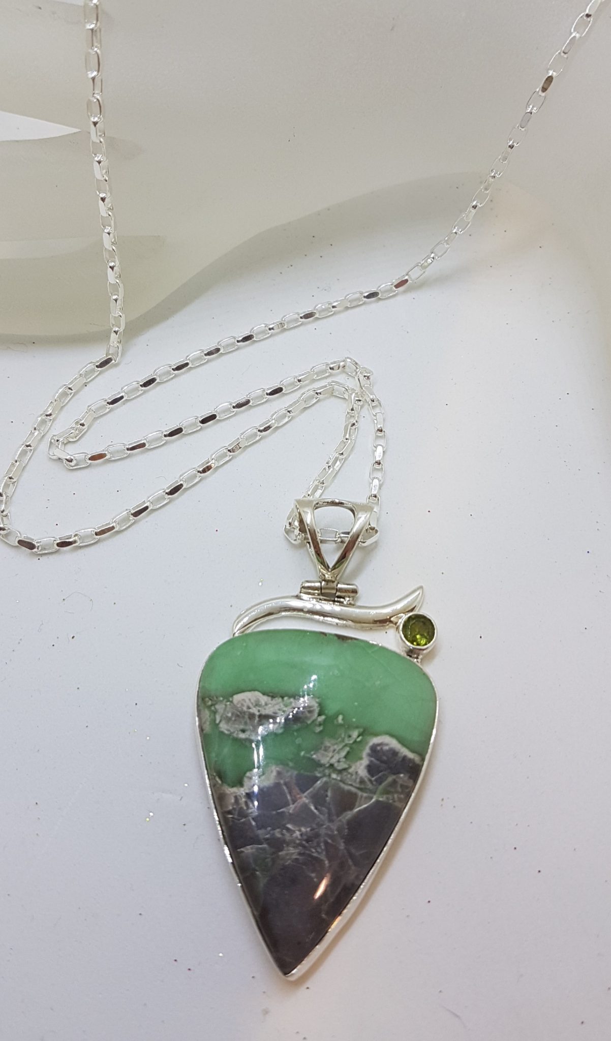 Sterling Silver Large Variscite with Peridot Pendant on Silver Chain