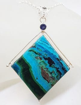 Sterling Silver Large Square Chrysocolla with Iolite Pendant on Silver Chain