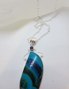 Sterling Silver Very Large Unusual Shape Chrysocolla with Iolite Pendant on Silver Chain