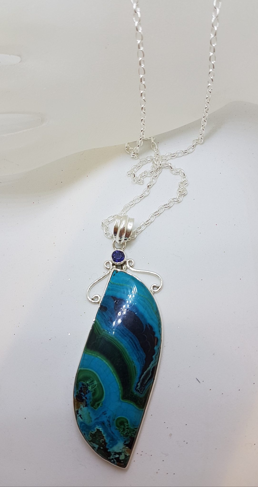 Sterling Silver Very Large Unusual Shape Chrysocolla with Iolite Pendant on Silver Chain