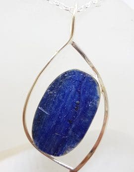 Sterling Silver Large Oval Blue Kyanite Open Design Pendant on Silver Chain