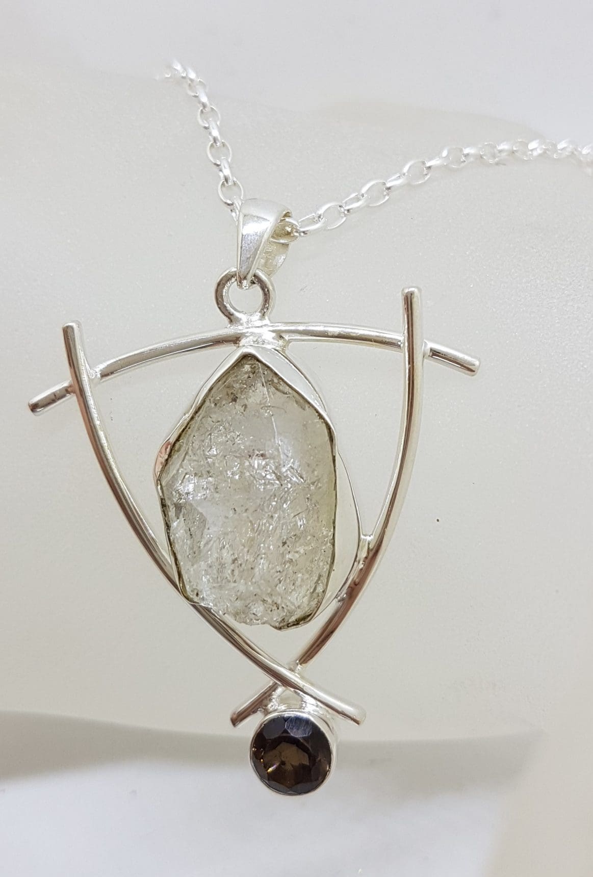 Sterling Silver Large Herkimer Diamond with Smokey Quartz Pendant on Silver Chain