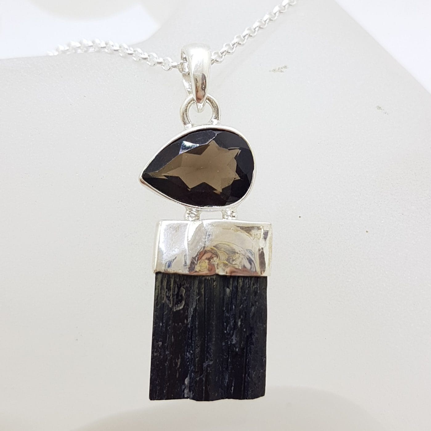 Sterling Silver Black Tourmaline with Smokey Quartz Pendant on Silver Chain
